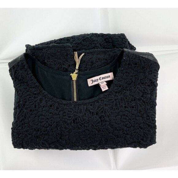 $298 Juicy Couture Sz XS Black Lace Mini Dress Faux Leather Trim Shift Sheath - Picture 11 of 12